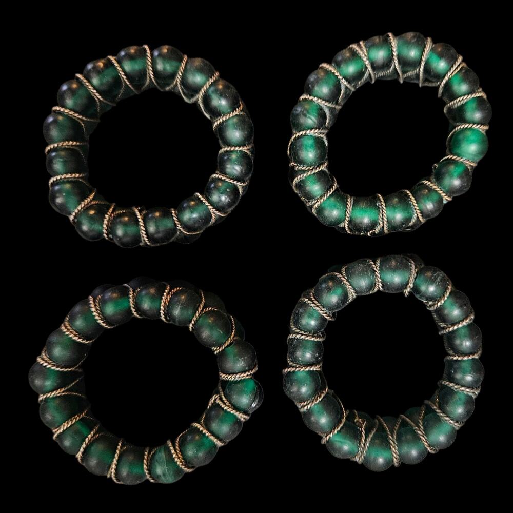 Vintage Emerald Green Glass Beaded Napkin Rings Wire Wrapped Set